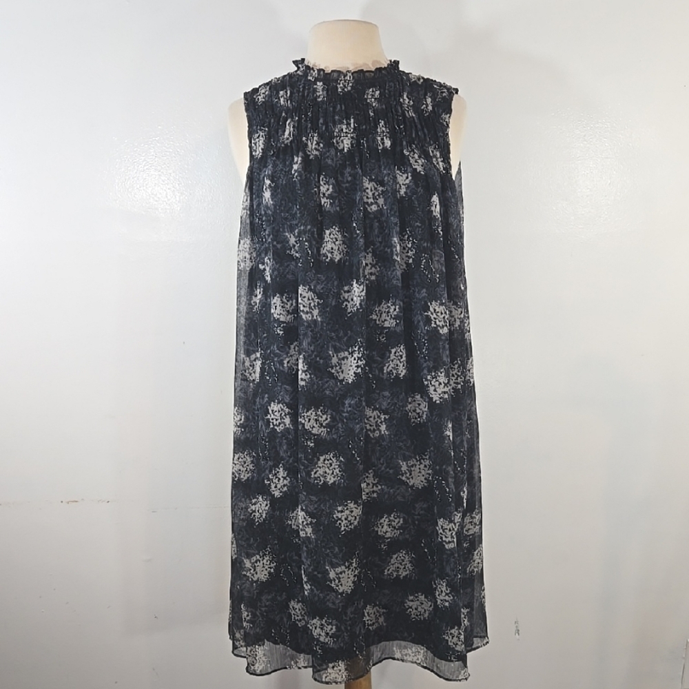 Joie Smocked Neck Floral Print Blue & Gray Flowy Dress Large